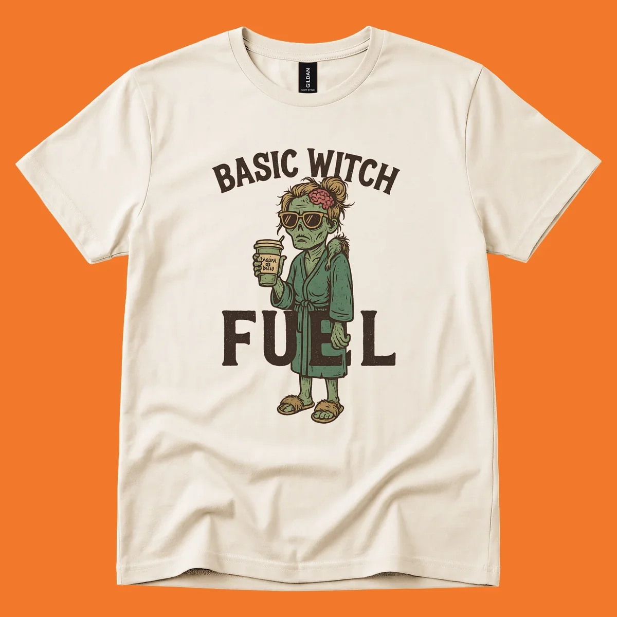 Basic witch fuel zombie woman with exposed brain drinking coffee, Halloween shirt design.