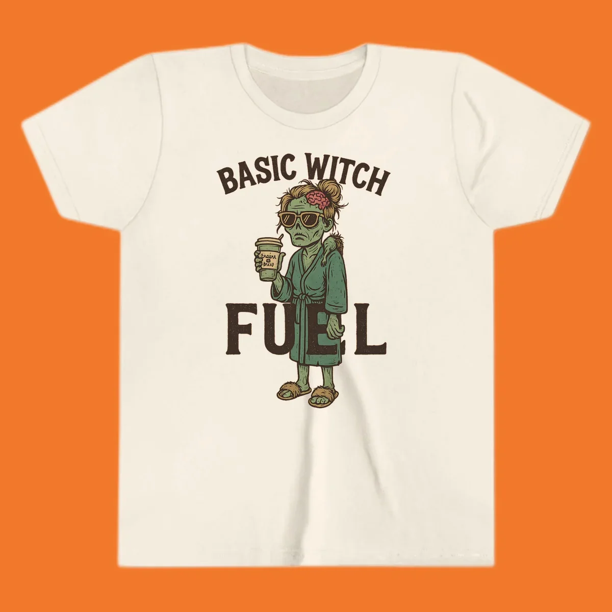 Basic witch fuel zombie woman with exposed brain drinking coffee, Halloween shirt design.