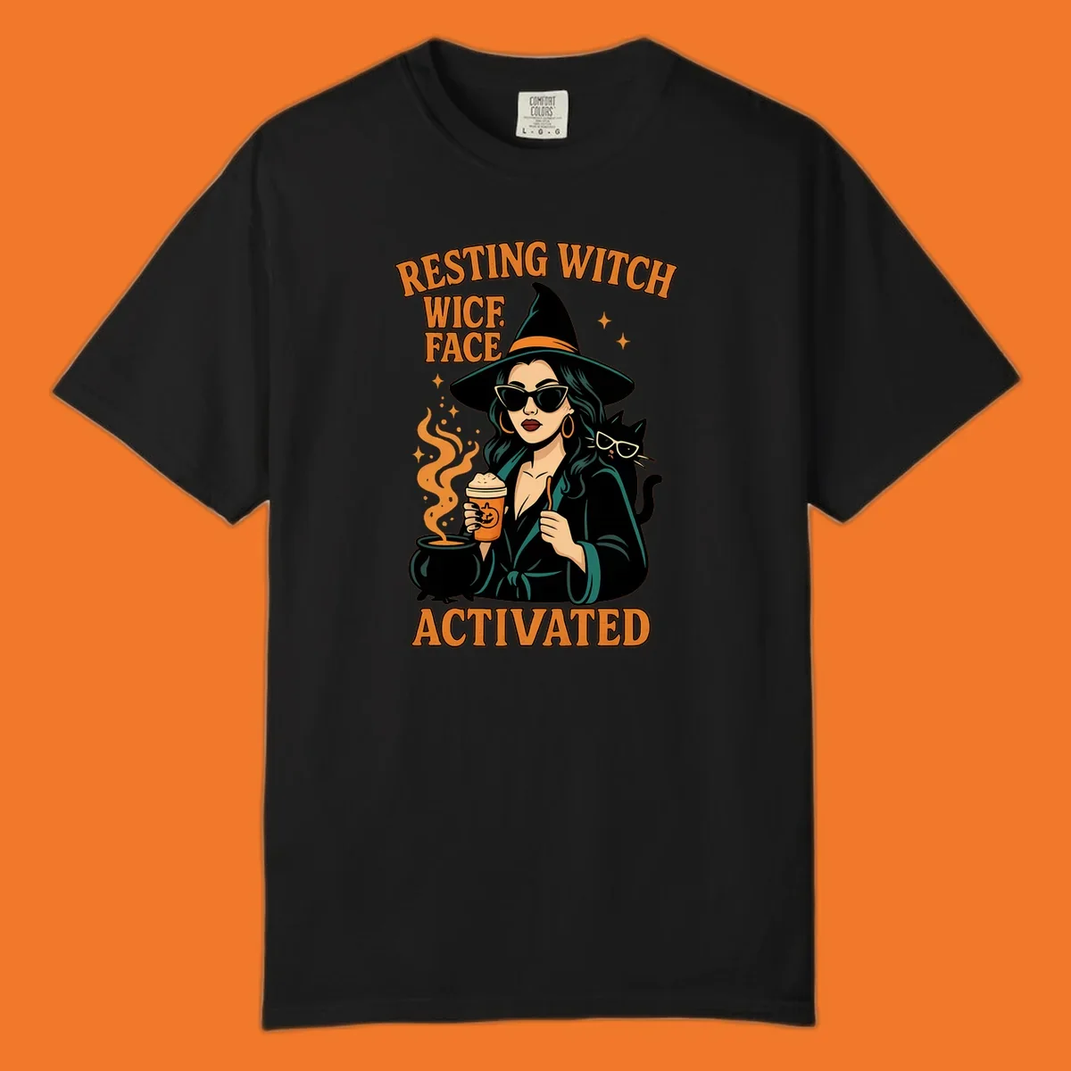 Resting witch face activated illustration with a witch, cat, coffee, and cauldron.