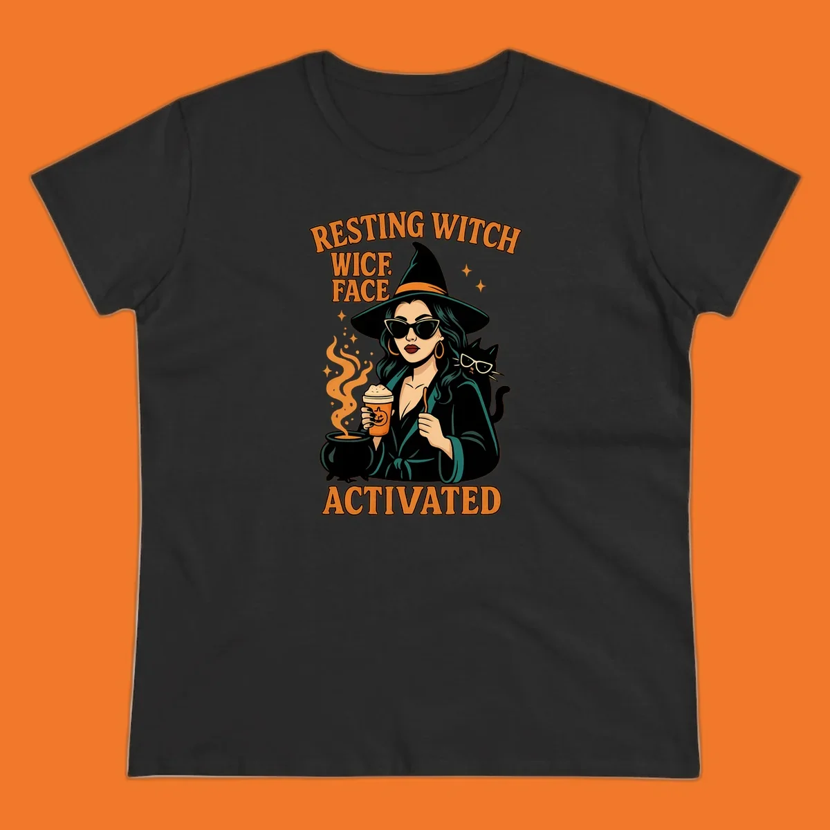 Resting witch face activated illustration with a witch, cat, coffee, and cauldron.