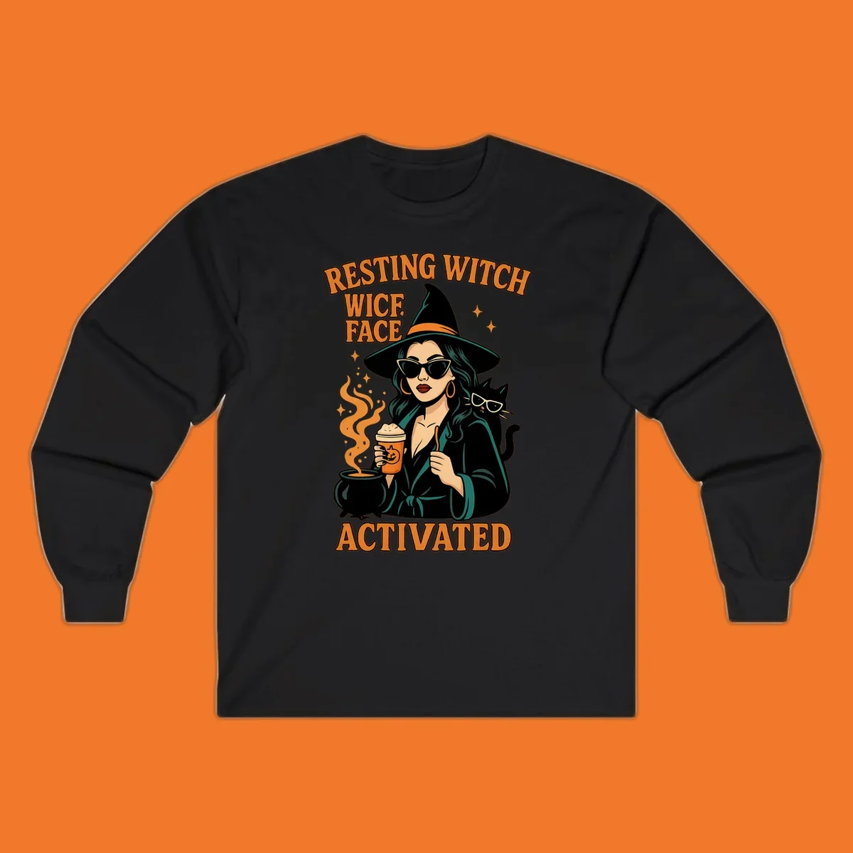 Resting witch face activated illustration with a witch, cat, coffee, and cauldron.