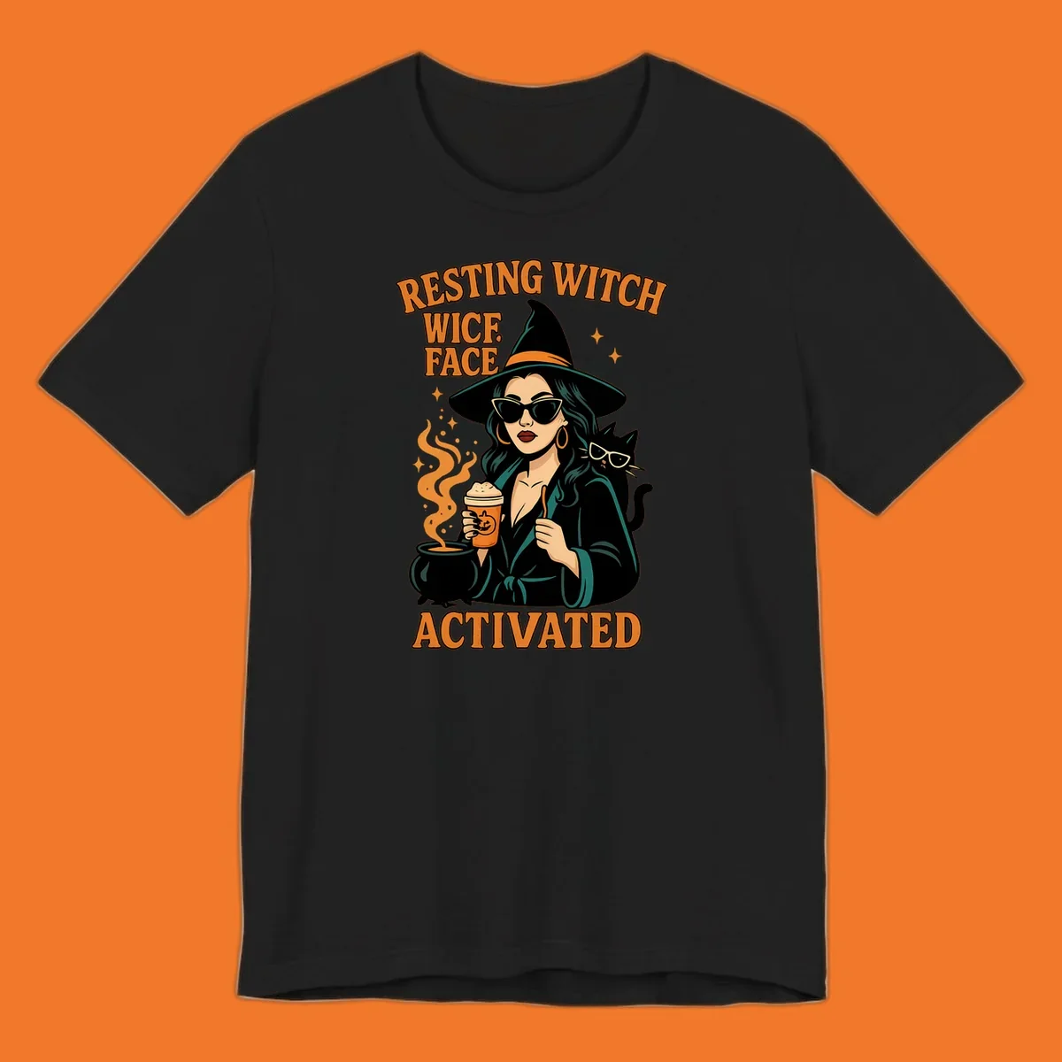 Resting witch face activated illustration with a witch, cat, coffee, and cauldron.
