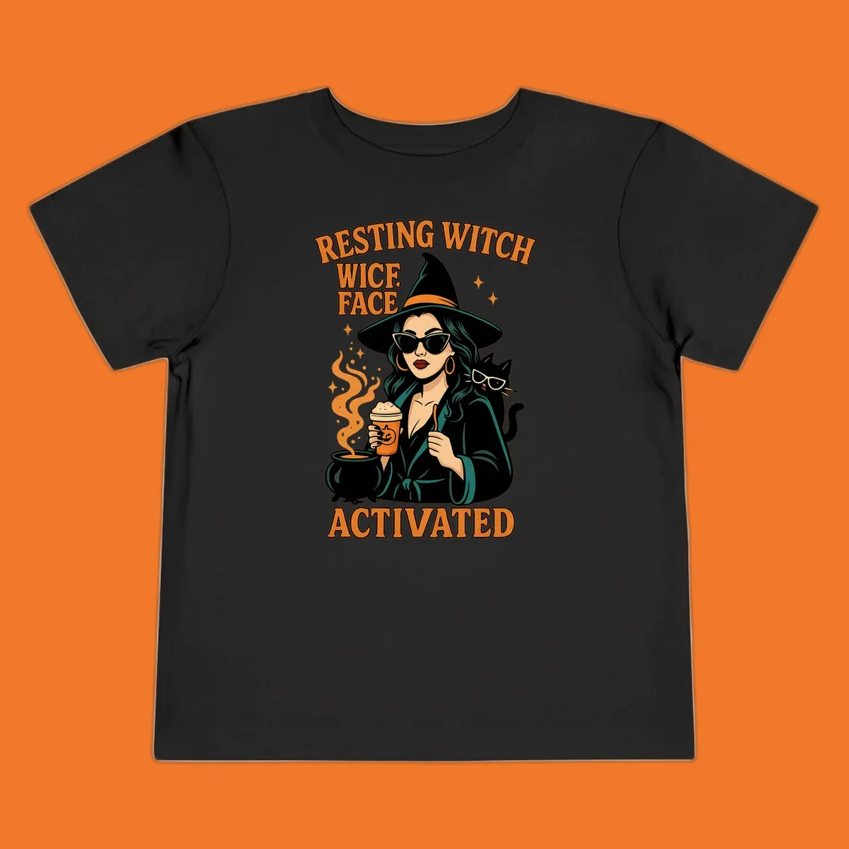 Resting witch face activated illustration with a witch, cat, coffee, and cauldron.