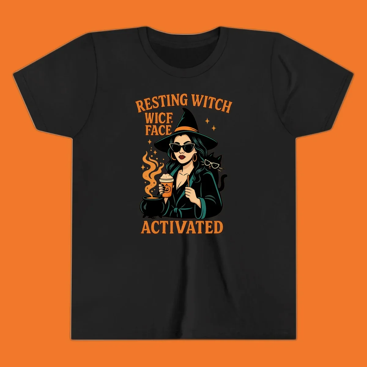 Resting witch face activated illustration with a witch, cat, coffee, and cauldron.