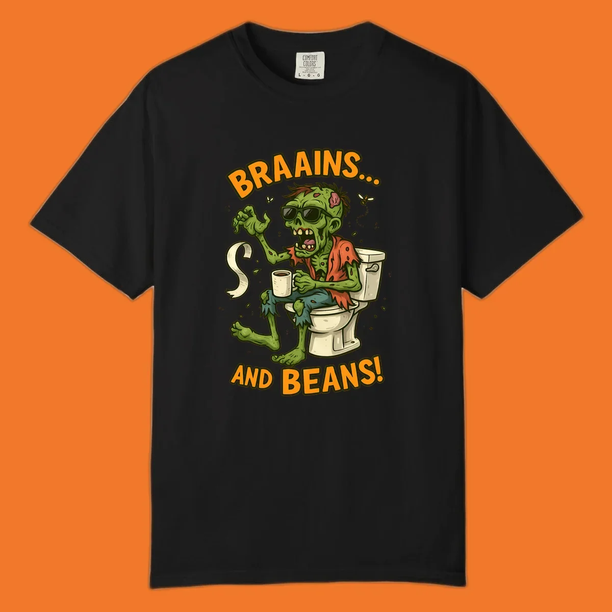 Zombie sitting on a toilet with coffee and toilet paper, text 'BRAAINS... AND BEANS!'.