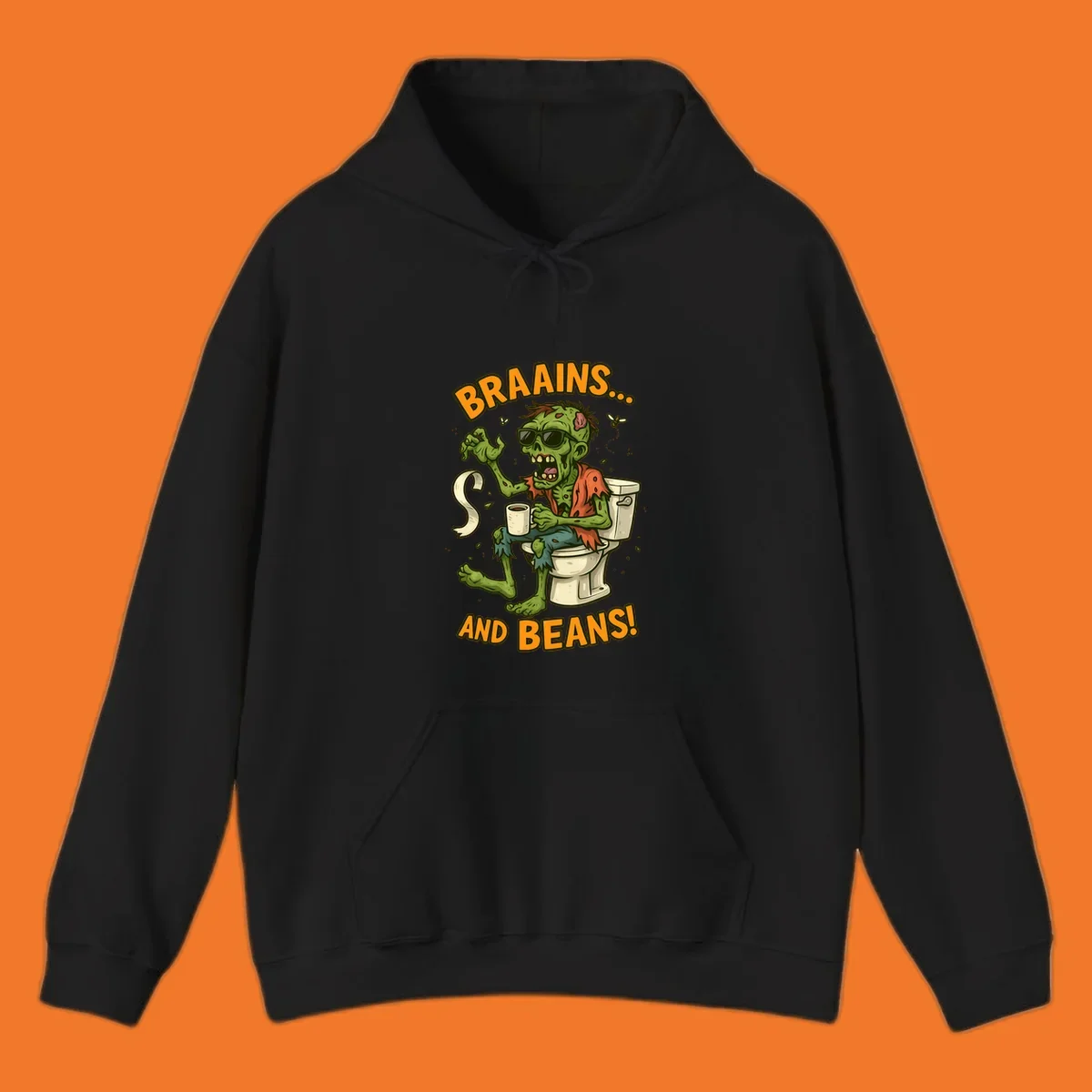 Zombie sitting on a toilet with coffee and toilet paper, text 'BRAAINS... AND BEANS!'.