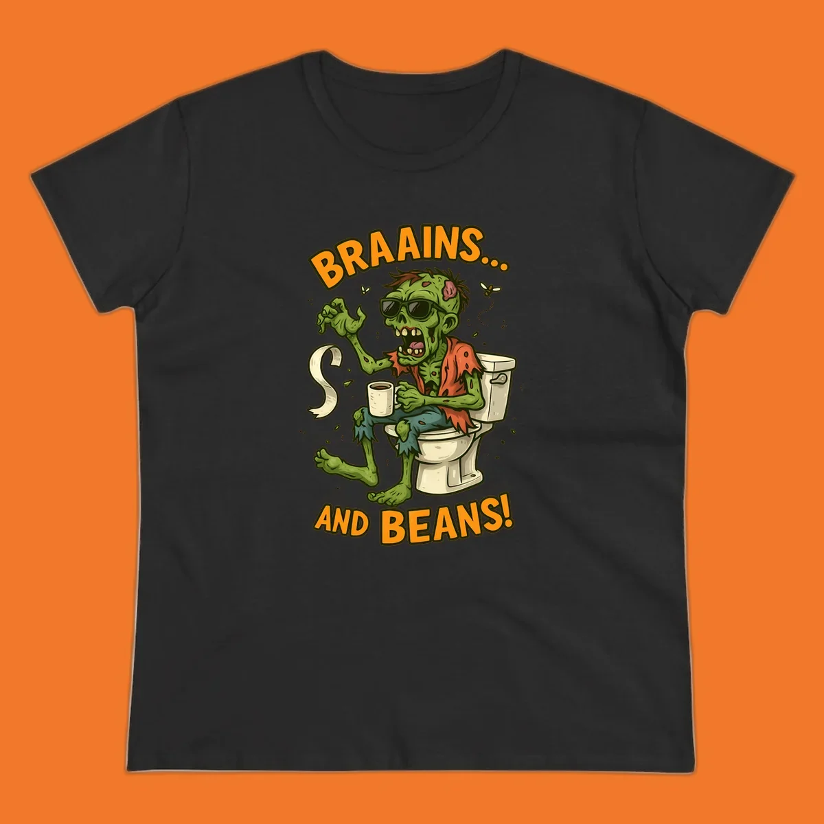 Zombie sitting on a toilet with coffee and toilet paper, text 'BRAAINS... AND BEANS!'.