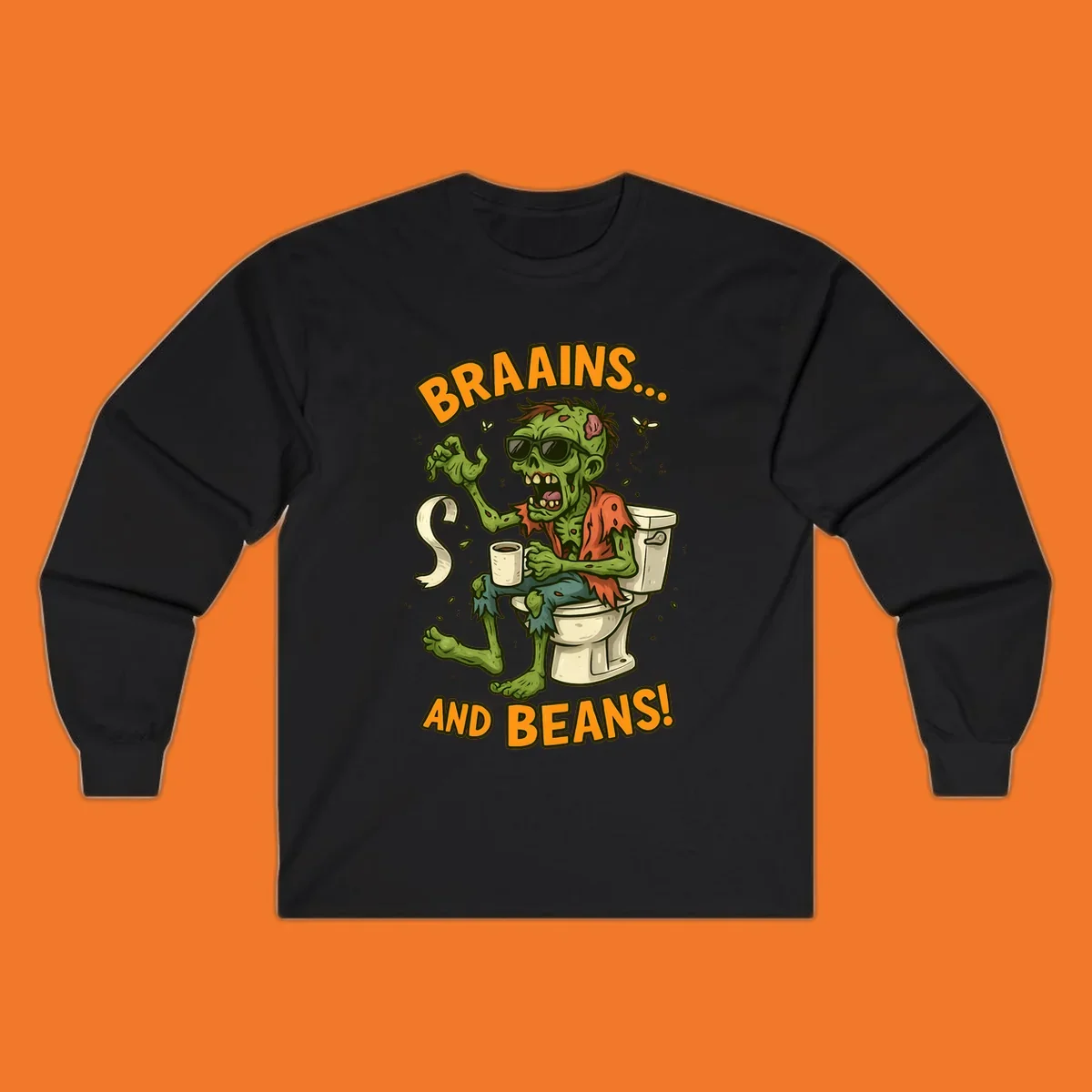 Zombie sitting on a toilet with coffee and toilet paper, text 'BRAAINS... AND BEANS!'.