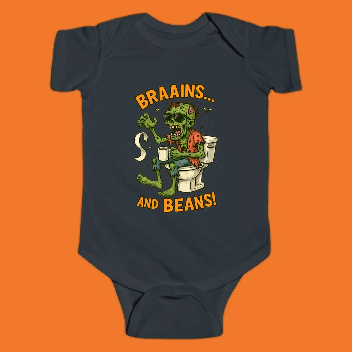 Zombie sitting on a toilet with coffee and toilet paper, text 'BRAAINS... AND BEANS!'.