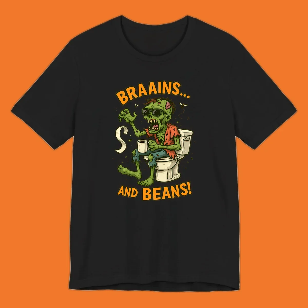 Zombie sitting on a toilet with coffee and toilet paper, text 'BRAAINS... AND BEANS!'.
