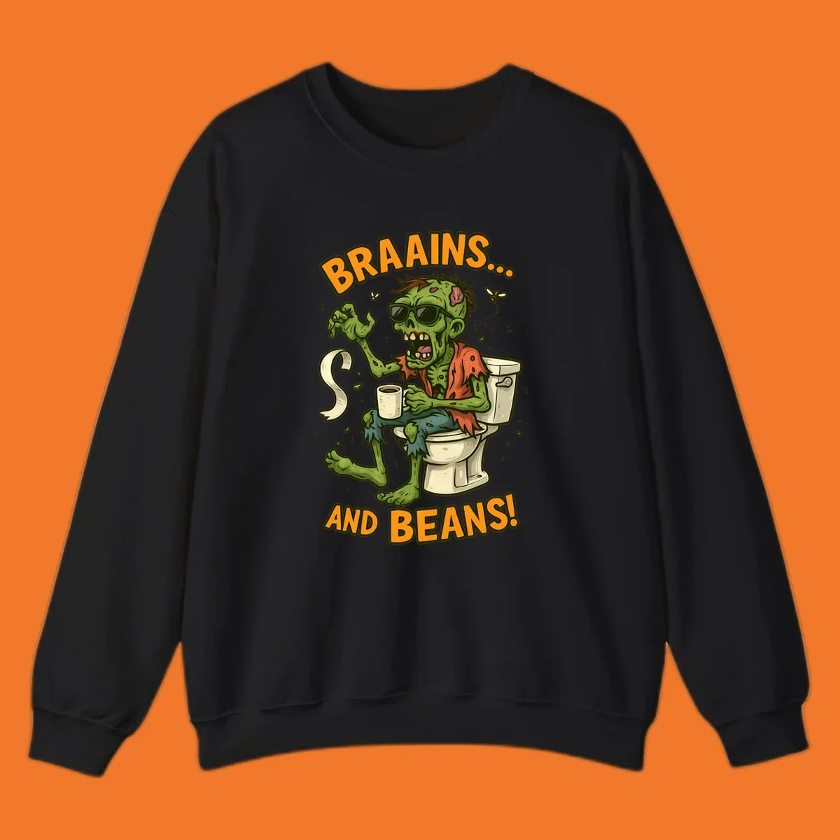 Zombie sitting on a toilet with coffee and toilet paper, text 'BRAAINS... AND BEANS!'.