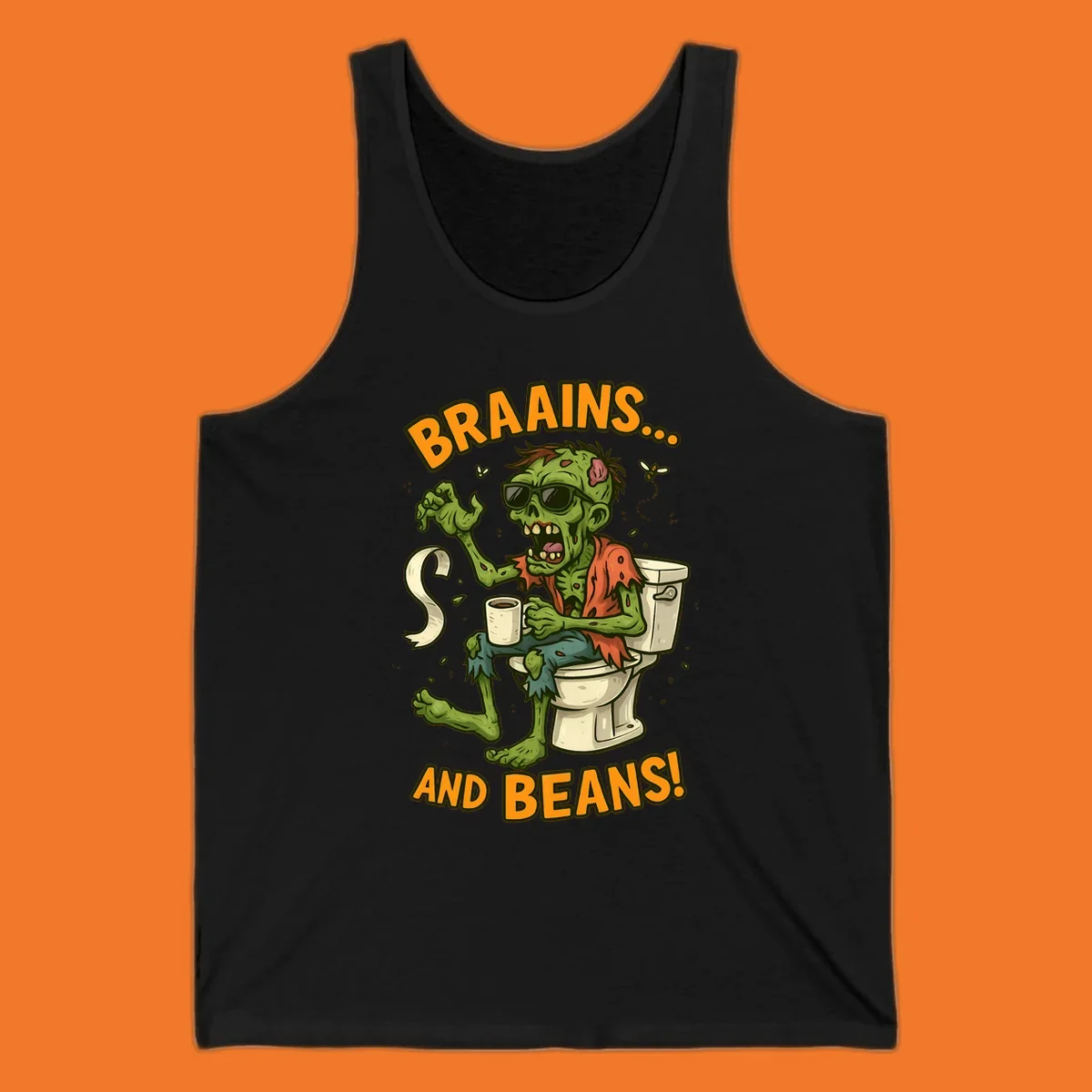 Zombie sitting on a toilet with coffee and toilet paper, text 'BRAAINS... AND BEANS!'.