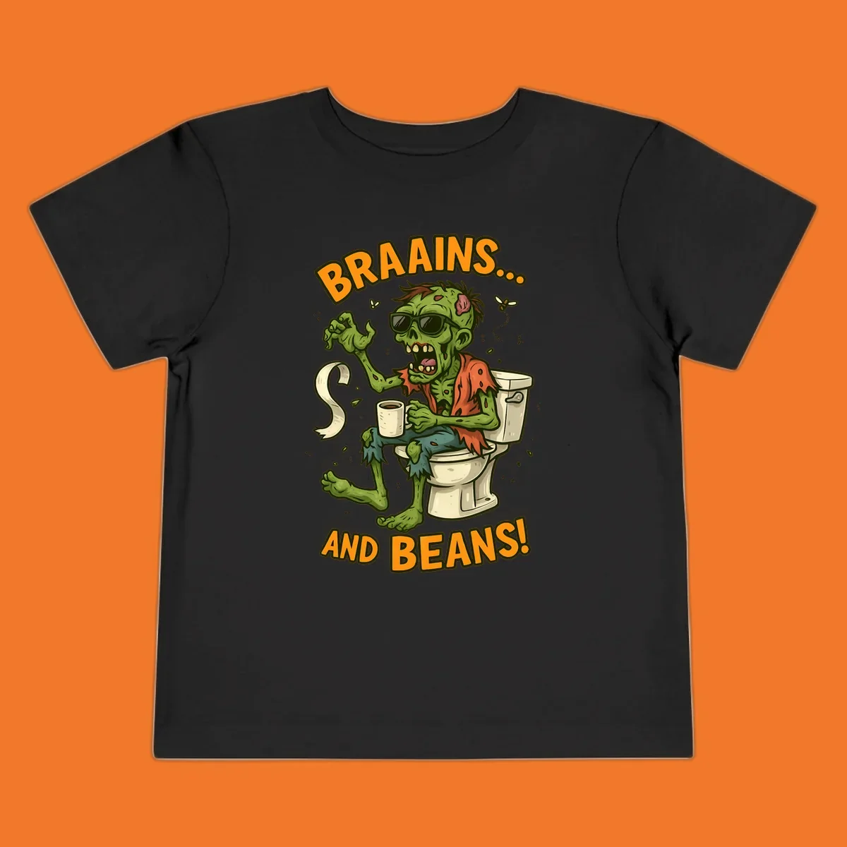 Zombie sitting on a toilet with coffee and toilet paper, text 'BRAAINS... AND BEANS!'.