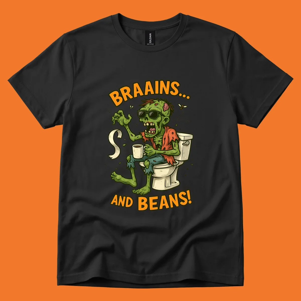 Zombie sitting on a toilet with coffee and toilet paper, text 'BRAAINS... AND BEANS!'.