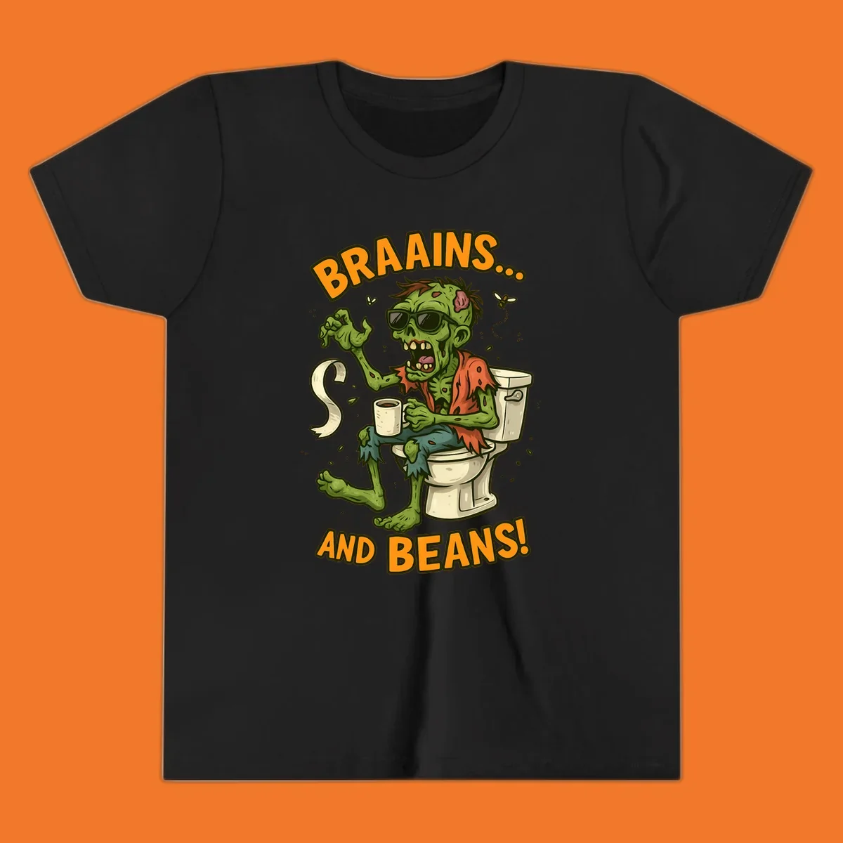 Zombie sitting on a toilet with coffee and toilet paper, text 'BRAAINS... AND BEANS!'.
