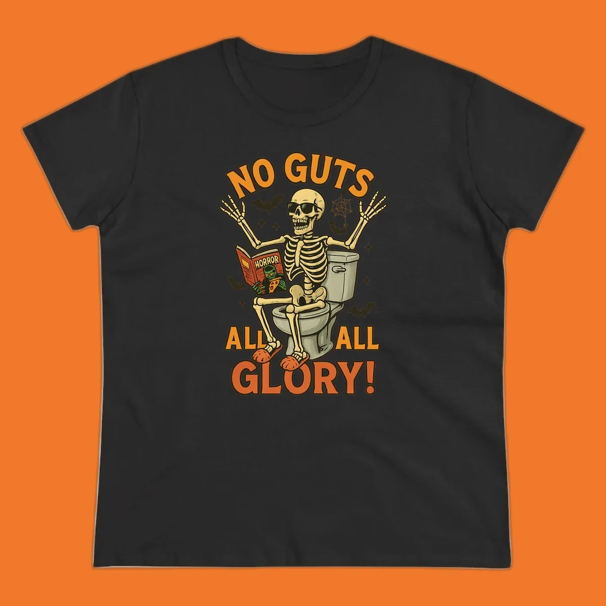 Skeleton sitting on a toilet reading a horror book, with text 'NO GUTS ALL ALL GLORY!'
