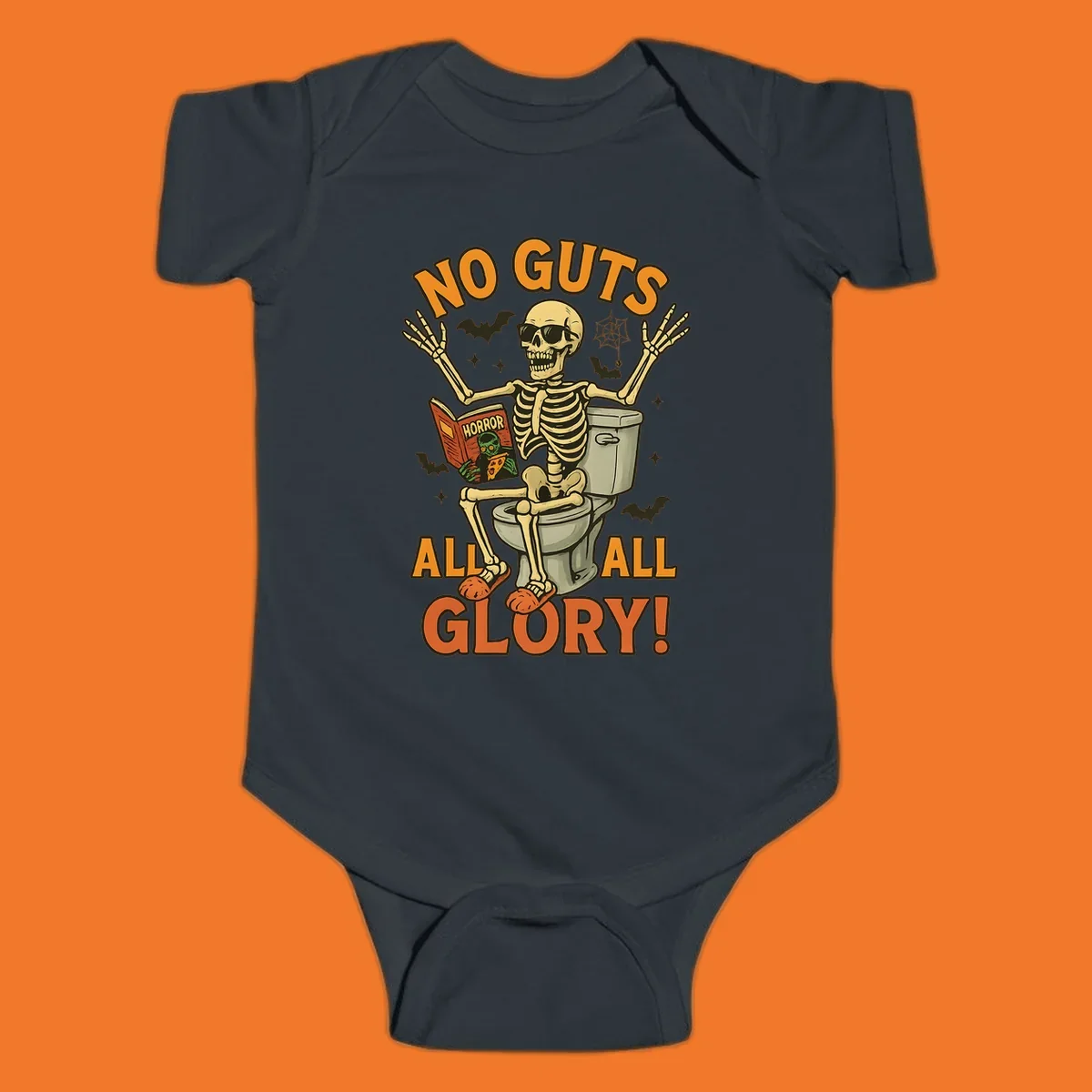 Skeleton sitting on a toilet reading a horror book, with text 'NO GUTS ALL ALL GLORY!'