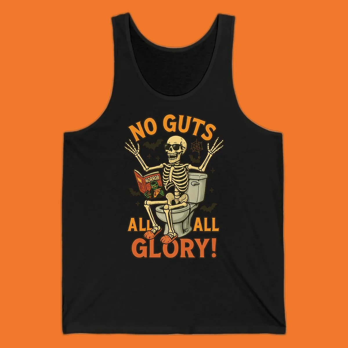 Skeleton sitting on a toilet reading a horror book, with text 'NO GUTS ALL ALL GLORY!'