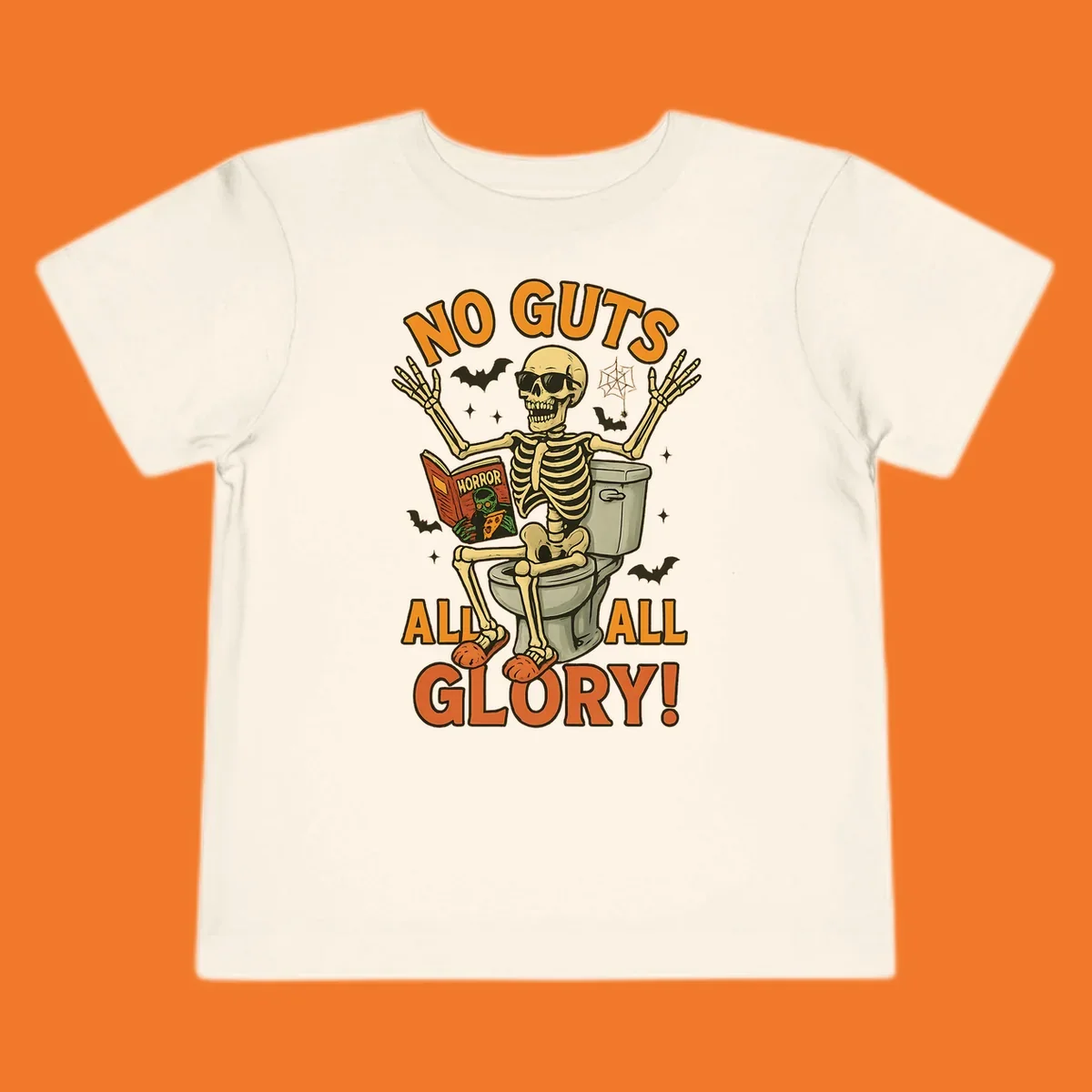 Skeleton sitting on a toilet reading a horror book, with text 'NO GUTS ALL ALL GLORY!'