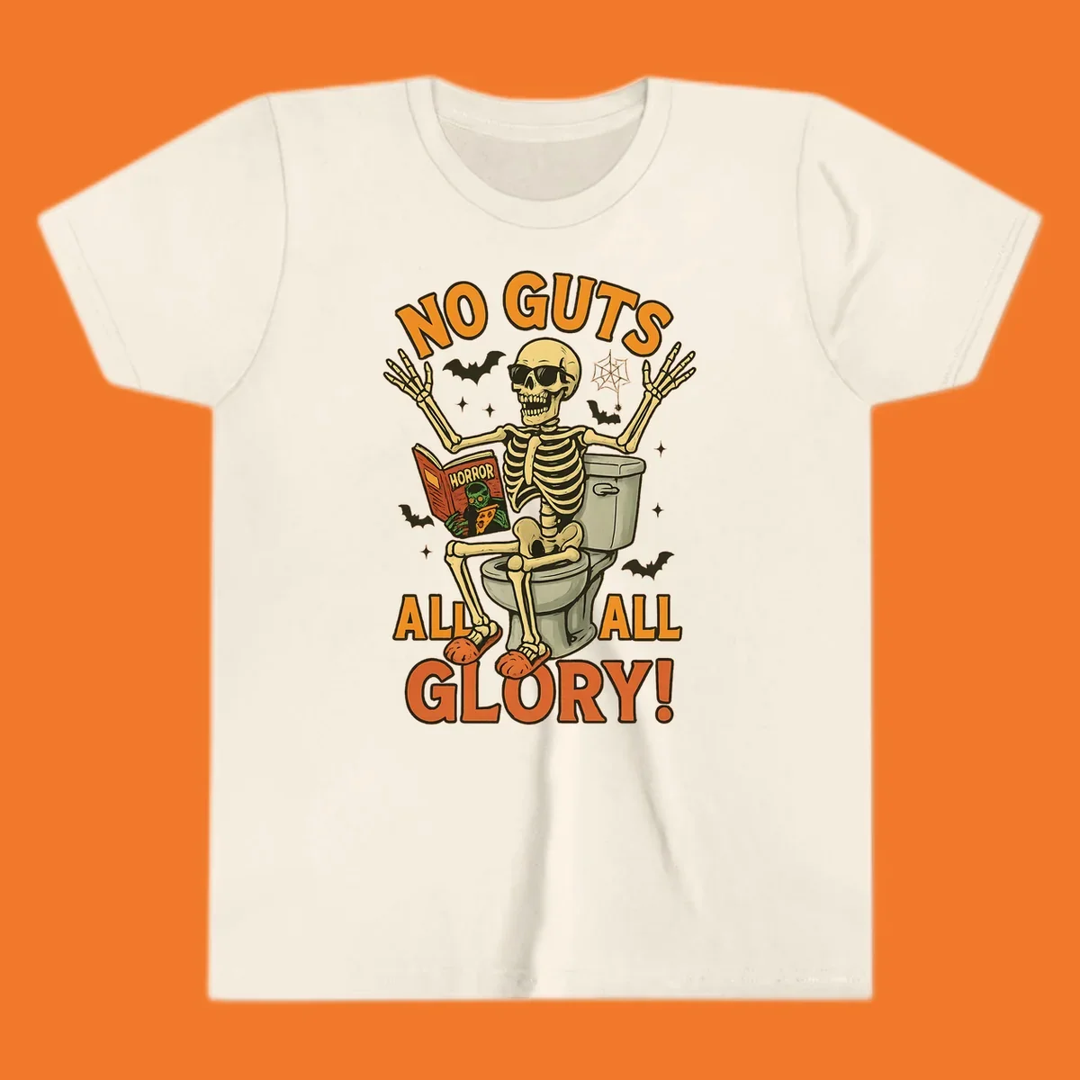 Skeleton sitting on a toilet reading a horror book, with text 'NO GUTS ALL ALL GLORY!'