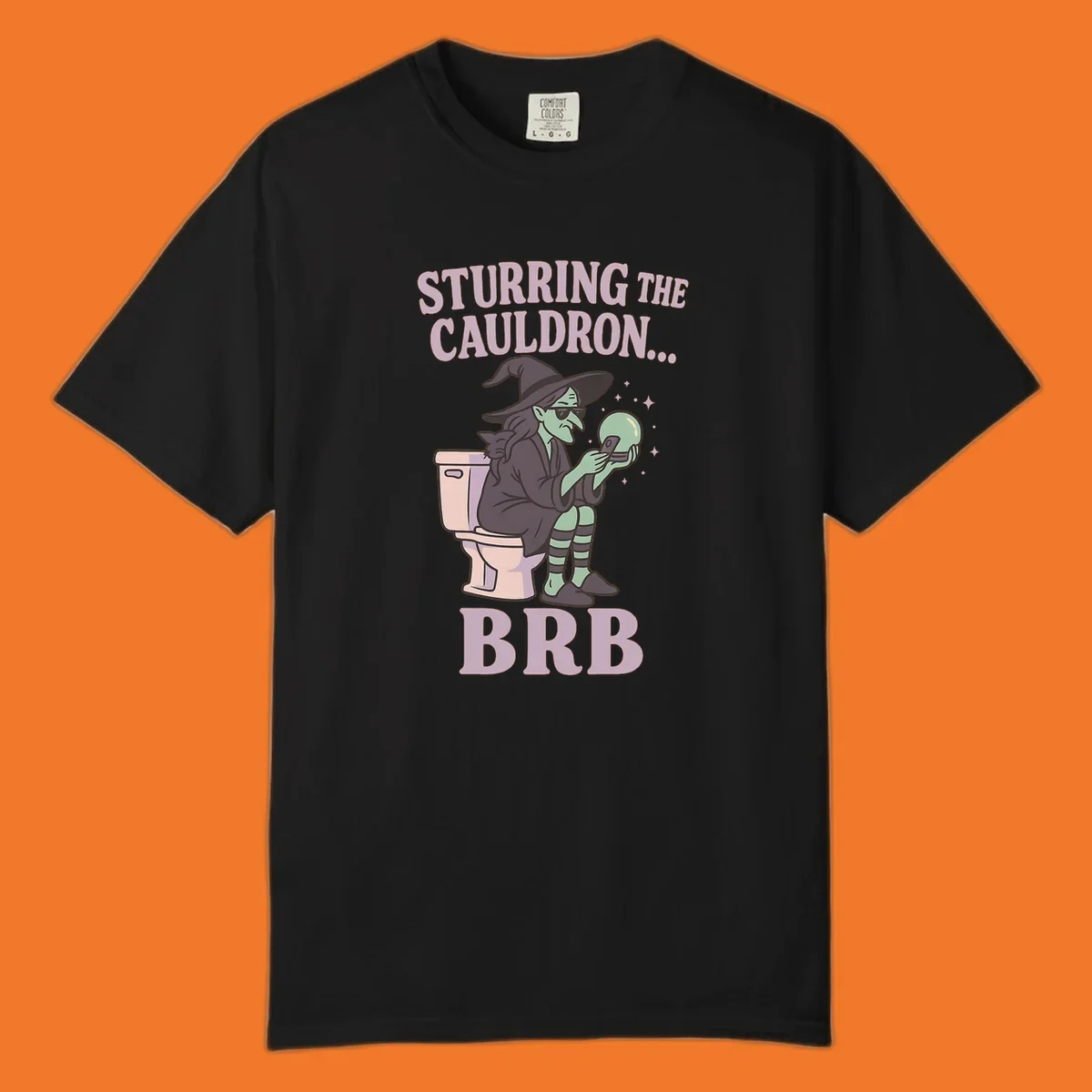 Funny witch on toilet looking at phone with crystal ball, text says Stirring the Cauldron... BRB