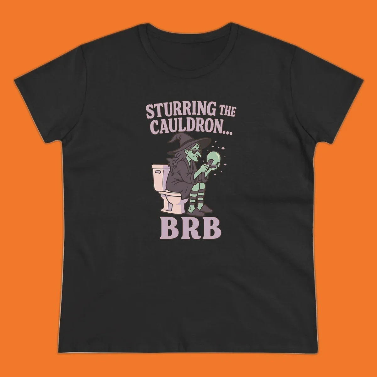 Funny witch on toilet looking at phone with crystal ball, text says Stirring the Cauldron... BRB