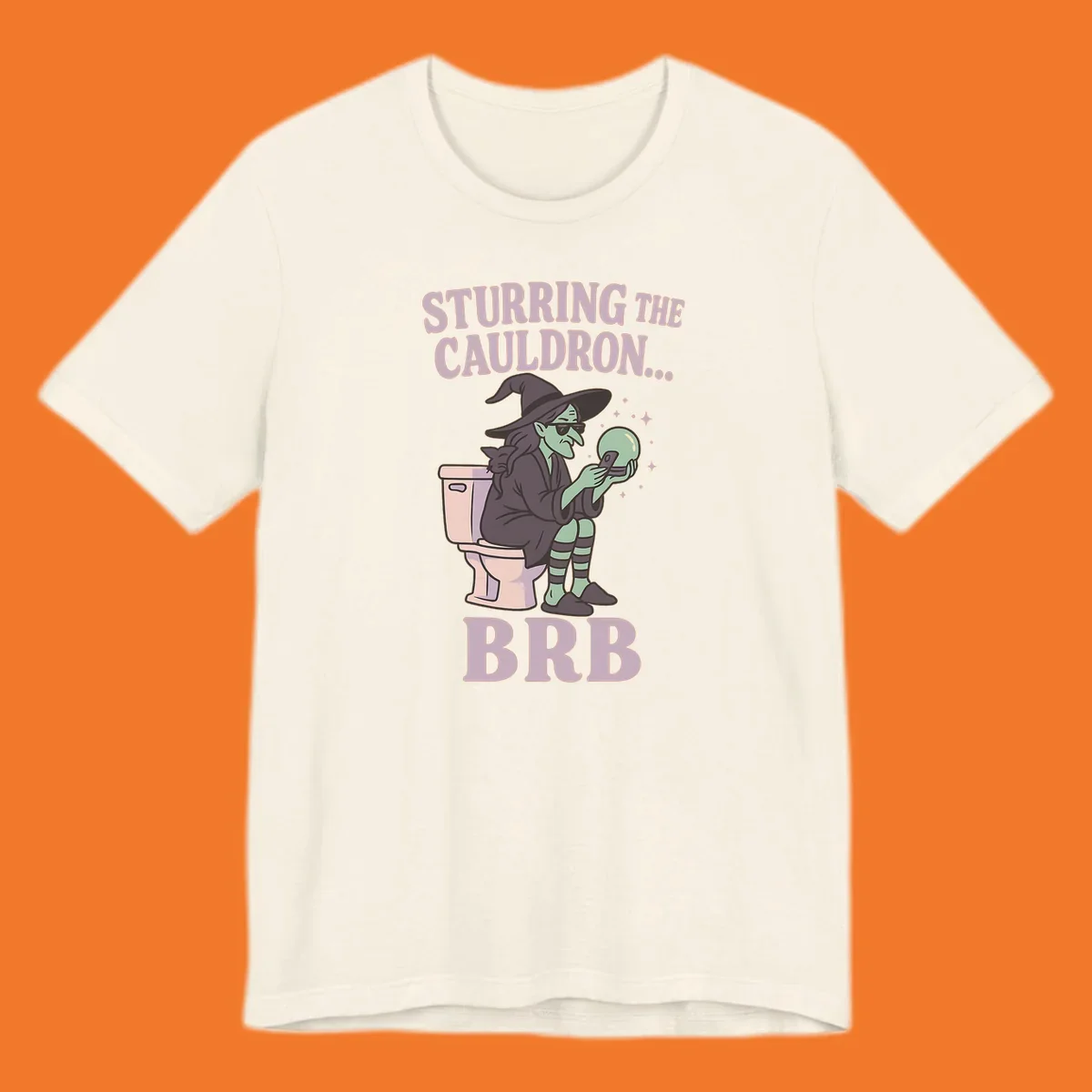 Funny witch on toilet looking at phone with crystal ball, text says Stirring the Cauldron... BRB