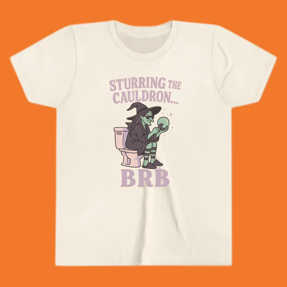 Funny witch on toilet looking at phone with crystal ball, text says Stirring the Cauldron... BRB