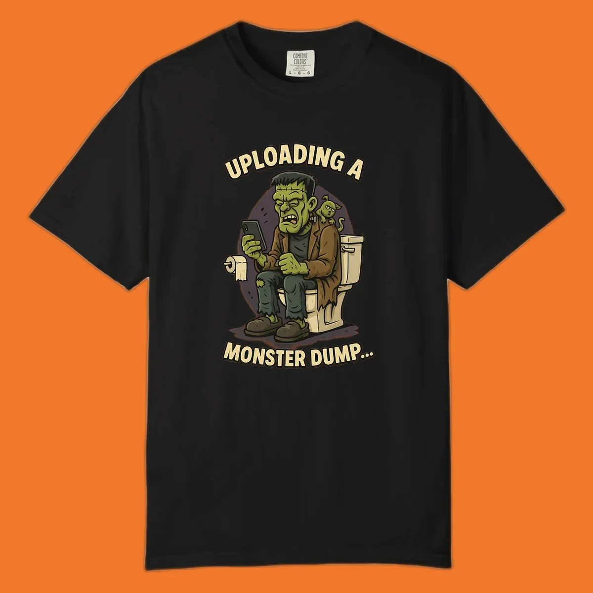 Frankenstein monster on toilet using phone with text uploading a monster dump, Halloween design.