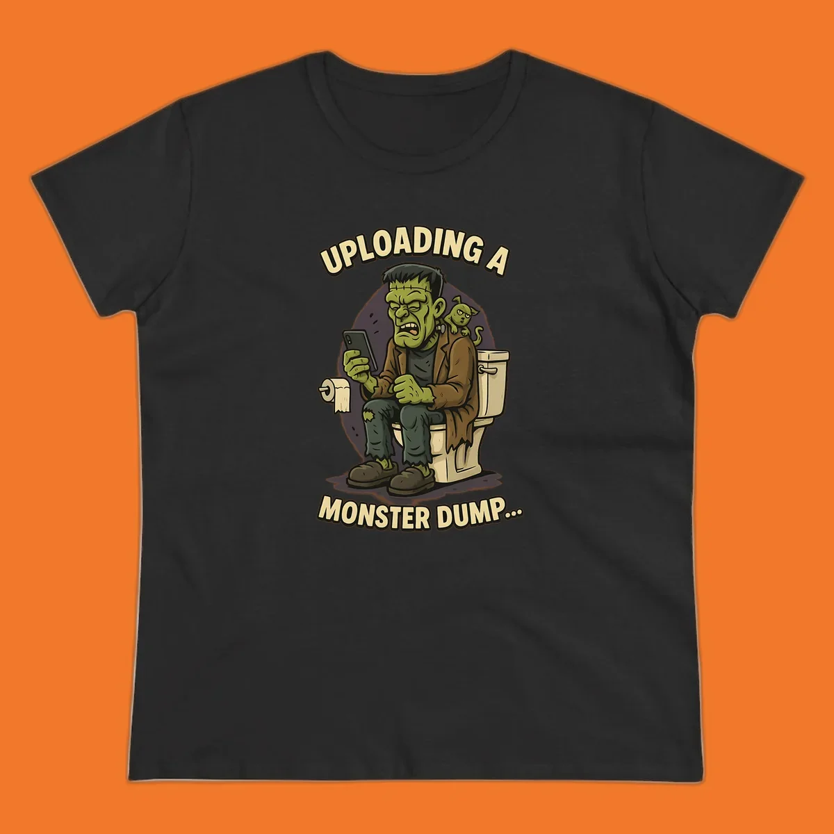 Frankenstein monster on toilet using phone with text uploading a monster dump, Halloween design.