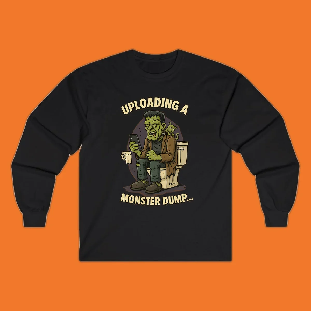 Frankenstein monster on toilet using phone with text uploading a monster dump, Halloween design.