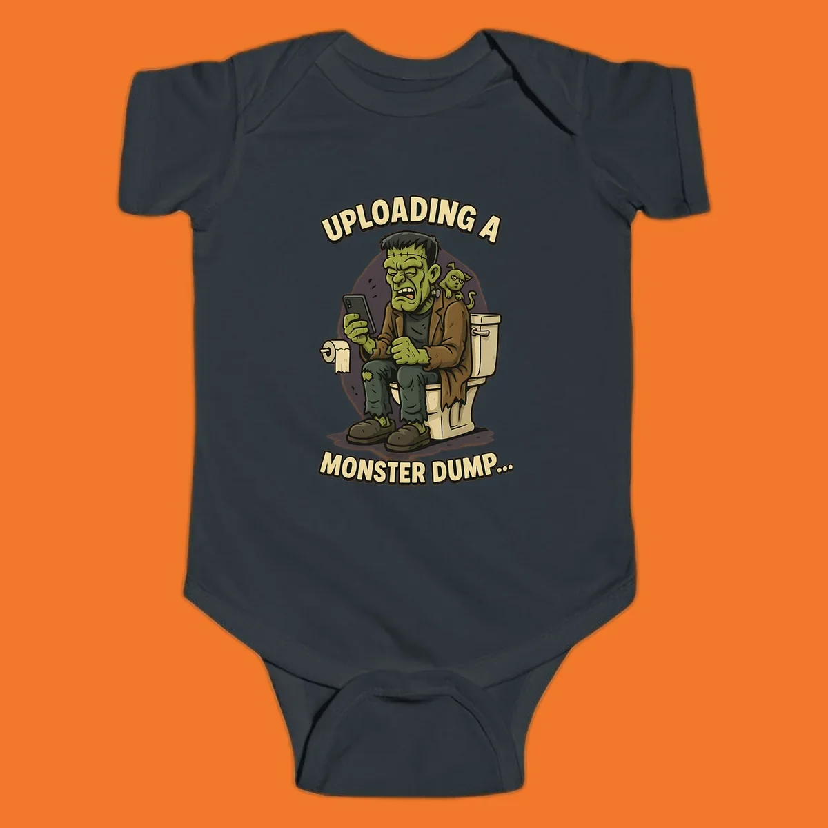 Frankenstein monster on toilet using phone with text uploading a monster dump, Halloween design.