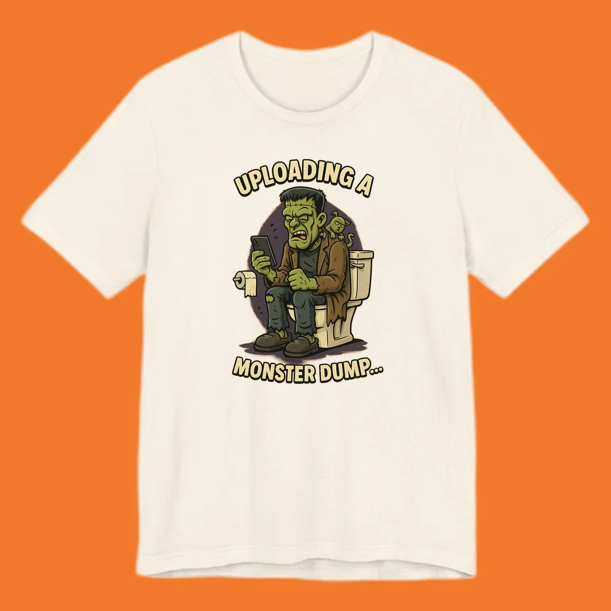 Frankenstein monster on toilet using phone with text uploading a monster dump, Halloween design.