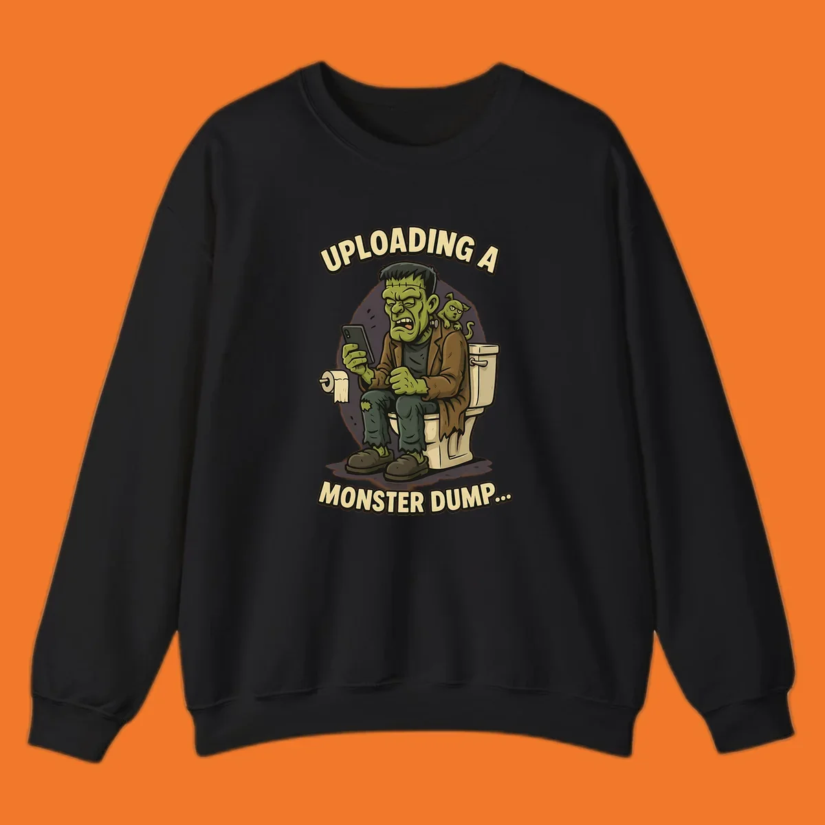 Frankenstein monster on toilet using phone with text uploading a monster dump, Halloween design.