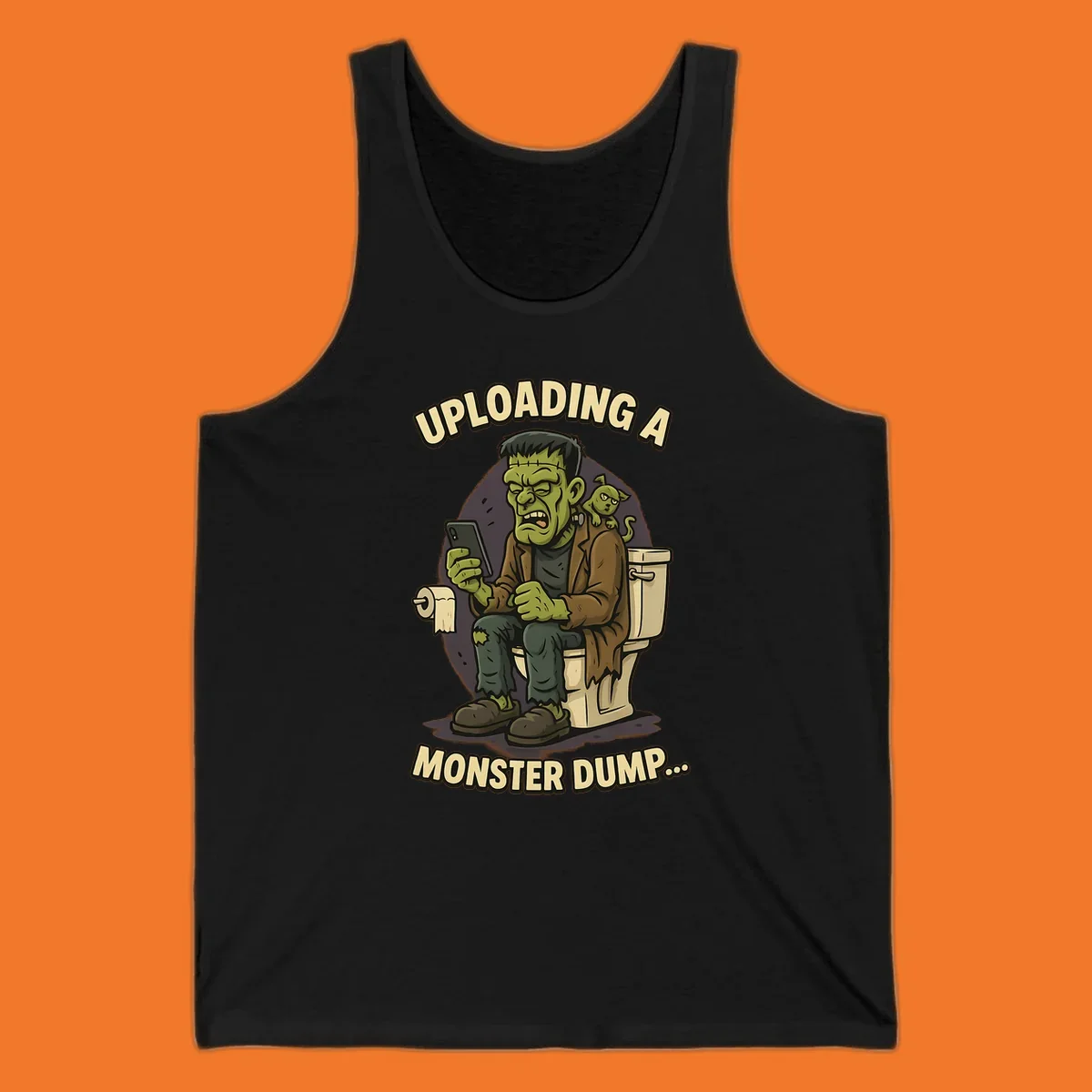 Frankenstein monster on toilet using phone with text uploading a monster dump, Halloween design.
