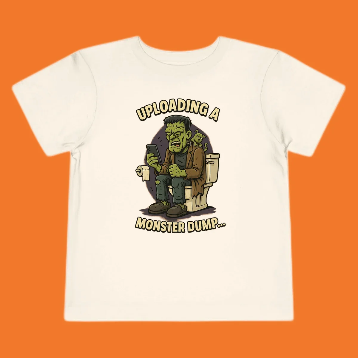 Frankenstein monster on toilet using phone with text uploading a monster dump, Halloween design.