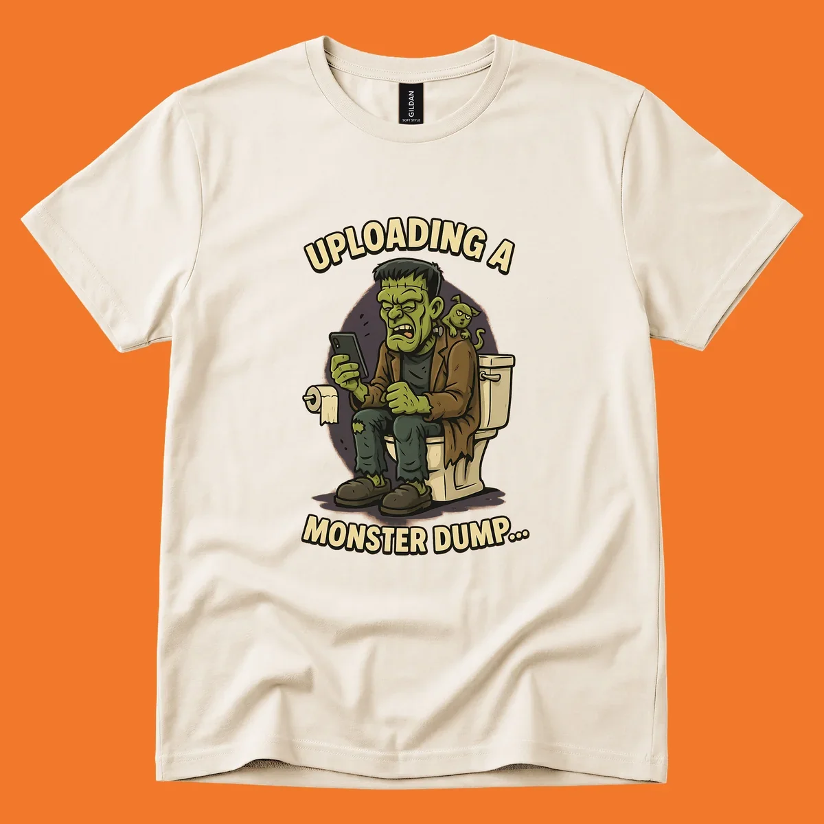 Frankenstein monster on toilet using phone with text uploading a monster dump, Halloween design.