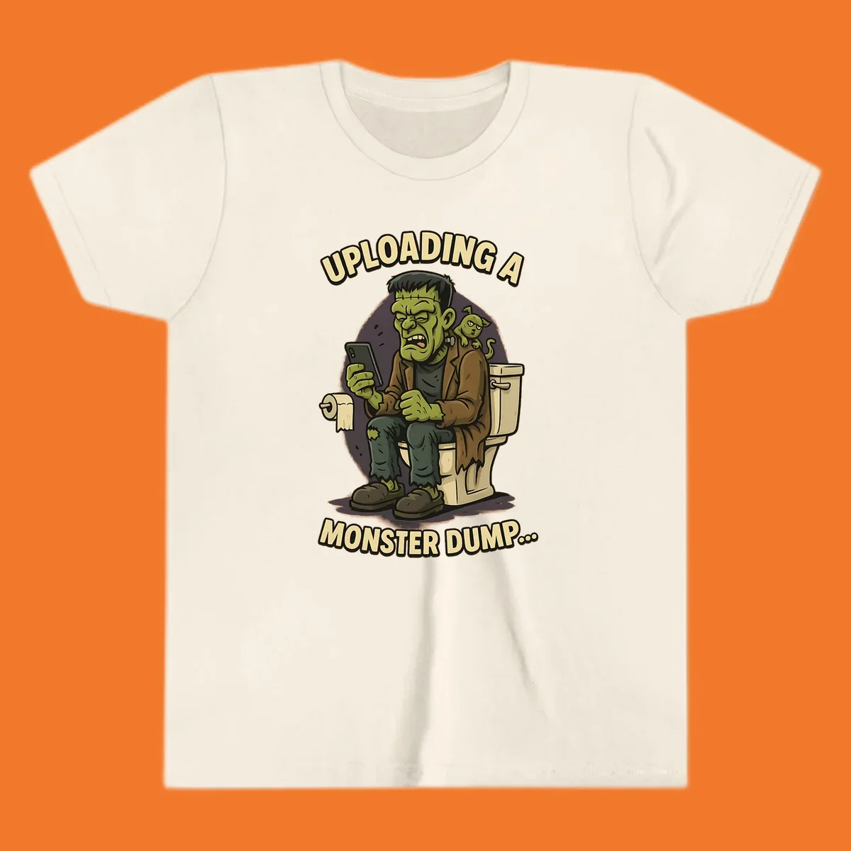Frankenstein monster on toilet using phone with text uploading a monster dump, Halloween design.