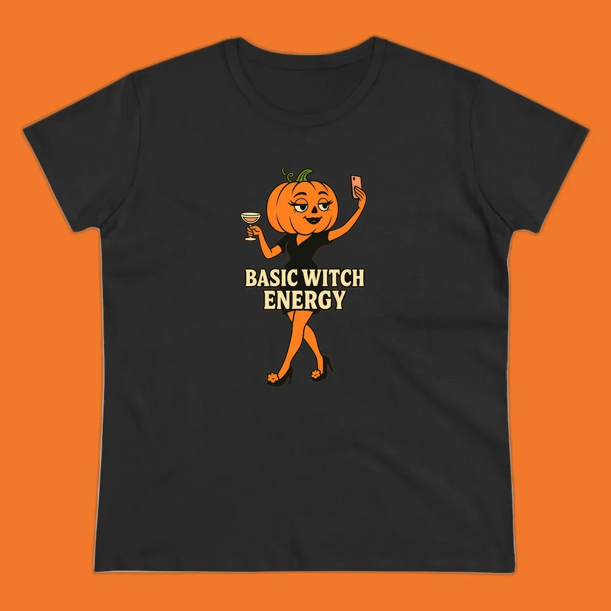 Pumpkin character with 'BASIC WITCH ENERGY' text, holding a cocktail and phone for a selfie.