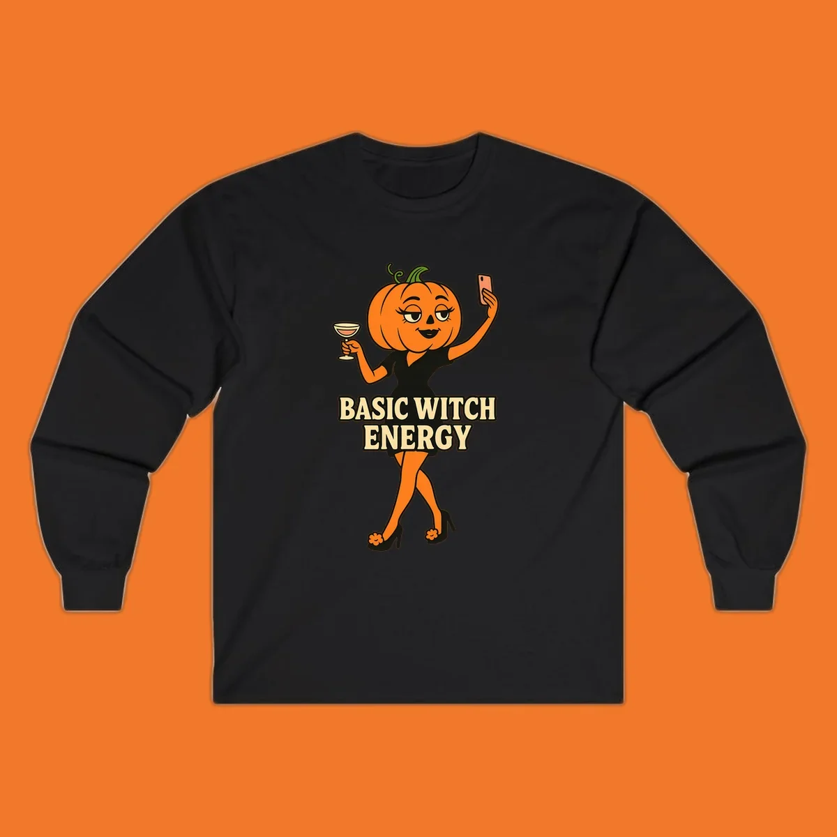 Pumpkin character with 'BASIC WITCH ENERGY' text, holding a cocktail and phone for a selfie.