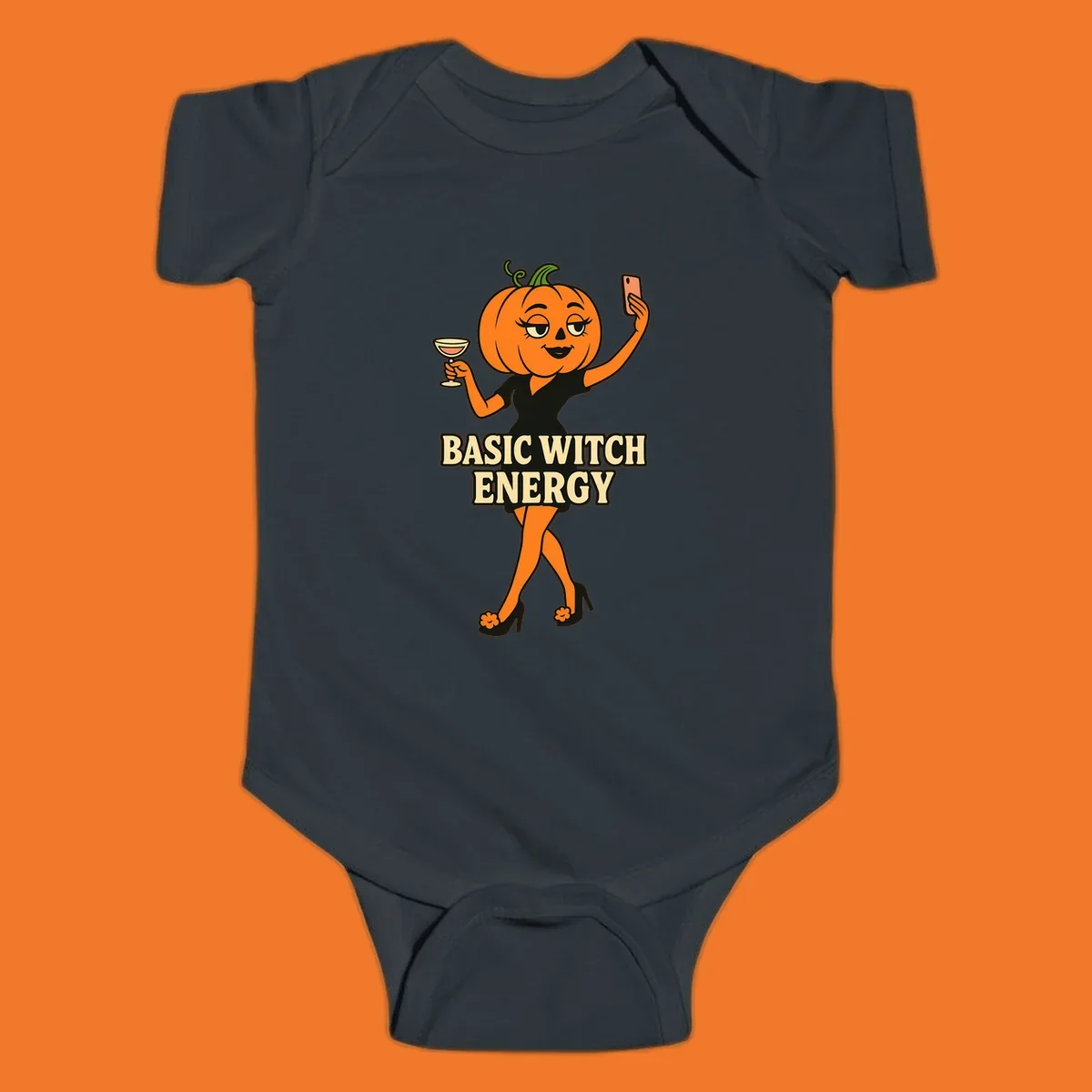 Pumpkin character with 'BASIC WITCH ENERGY' text, holding a cocktail and phone for a selfie.