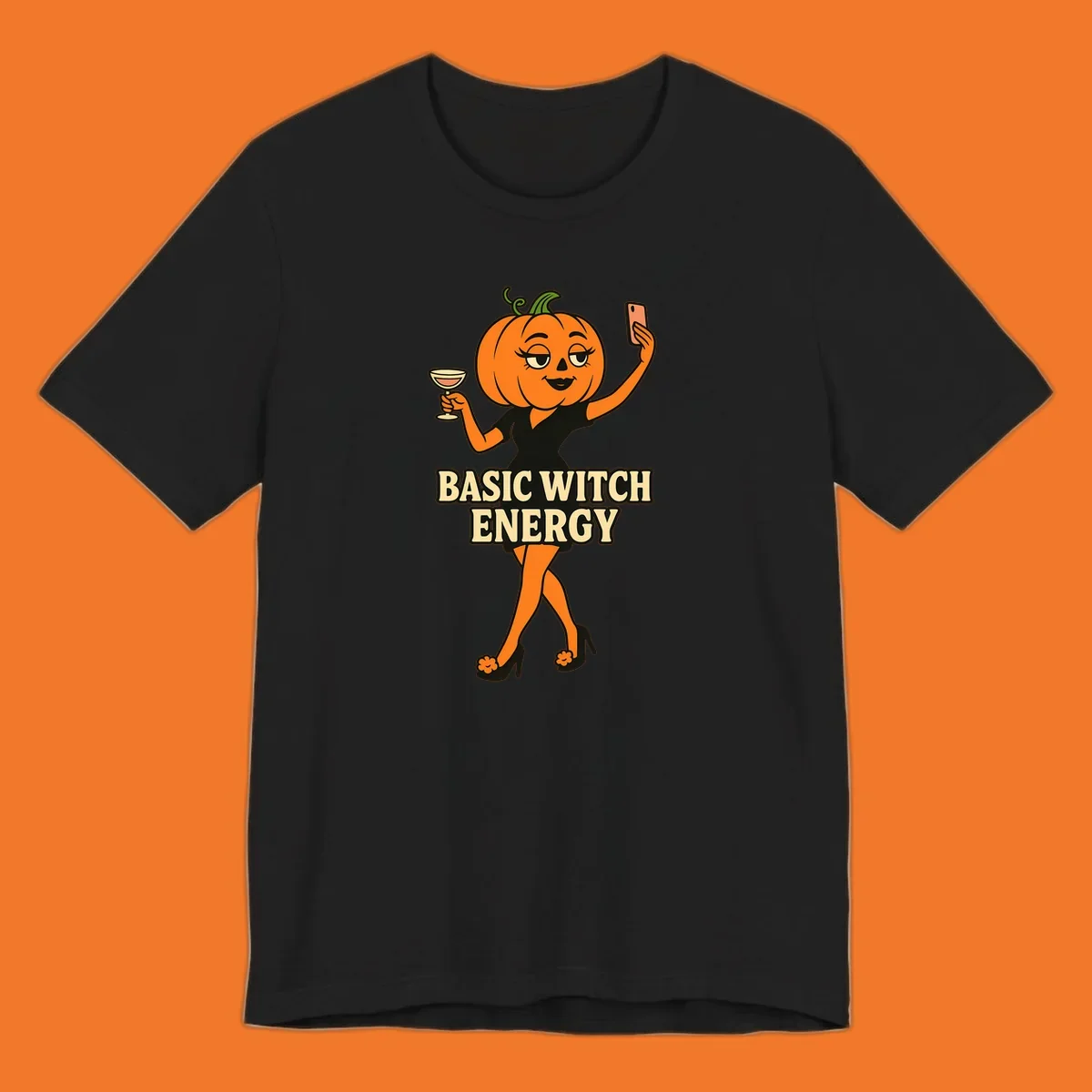 Pumpkin character with 'BASIC WITCH ENERGY' text, holding a cocktail and phone for a selfie.