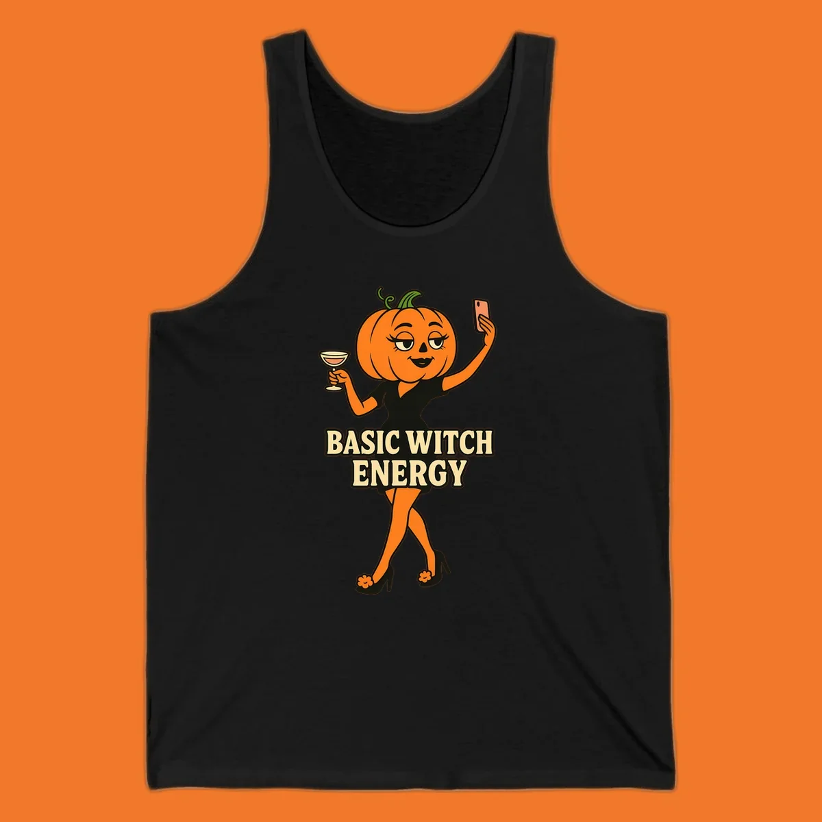 Pumpkin character with 'BASIC WITCH ENERGY' text, holding a cocktail and phone for a selfie.