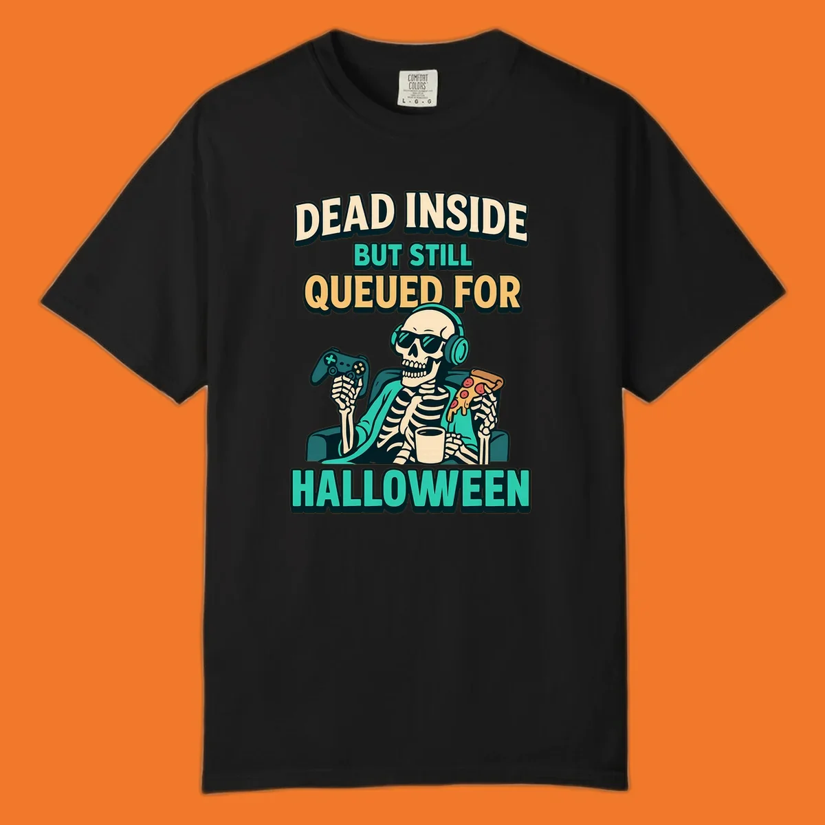 Dead inside halloween gamer skeleton with pizza and controller