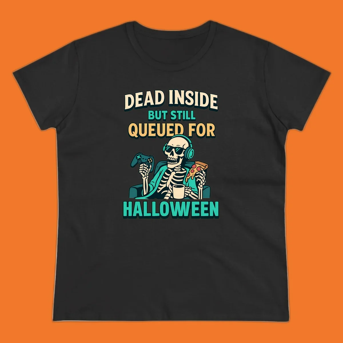 Dead inside halloween gamer skeleton with pizza and controller