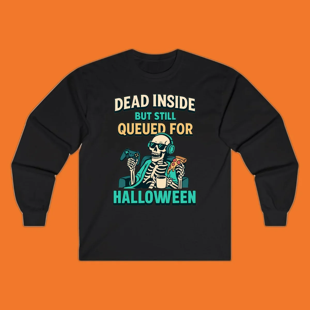 Dead inside halloween gamer skeleton with pizza and controller