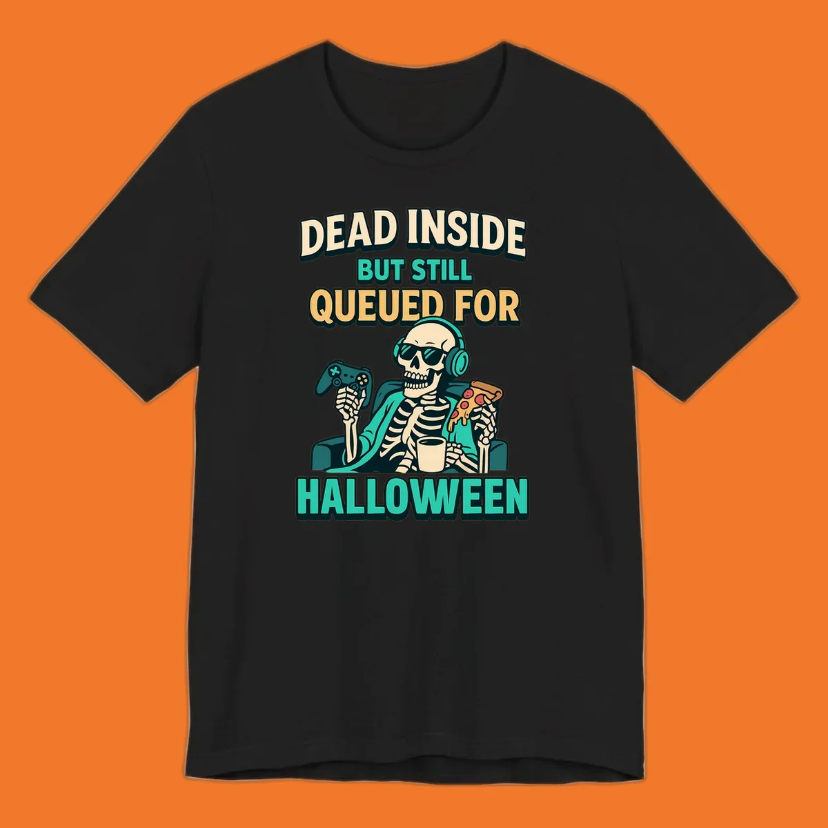 Dead inside halloween gamer skeleton with pizza and controller