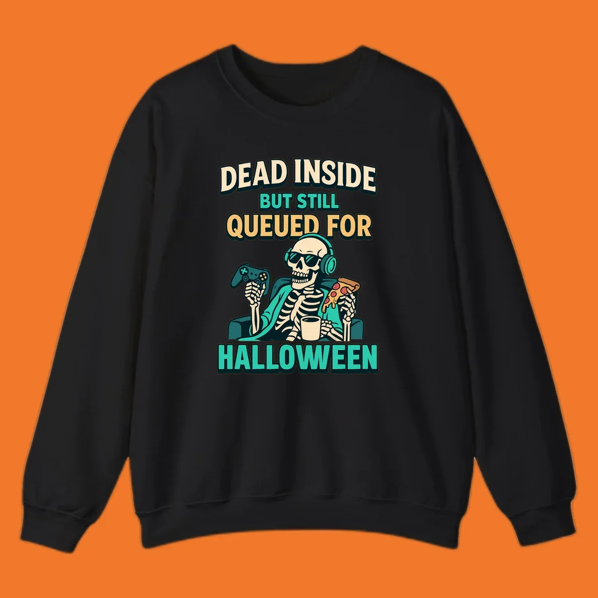 Dead inside halloween gamer skeleton with pizza and controller