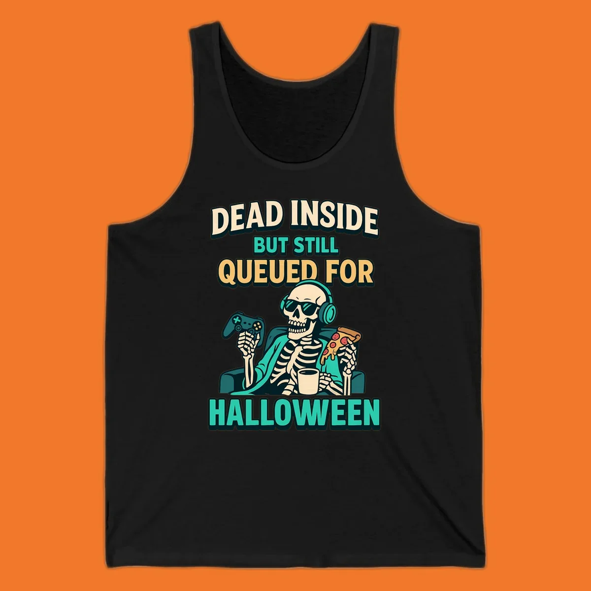 Dead inside halloween gamer skeleton with pizza and controller