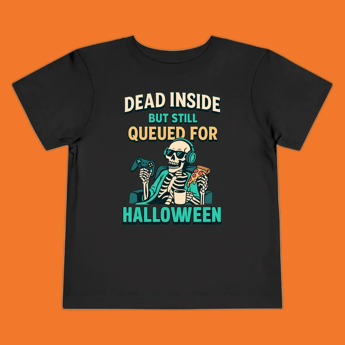 Dead inside halloween gamer skeleton with pizza and controller